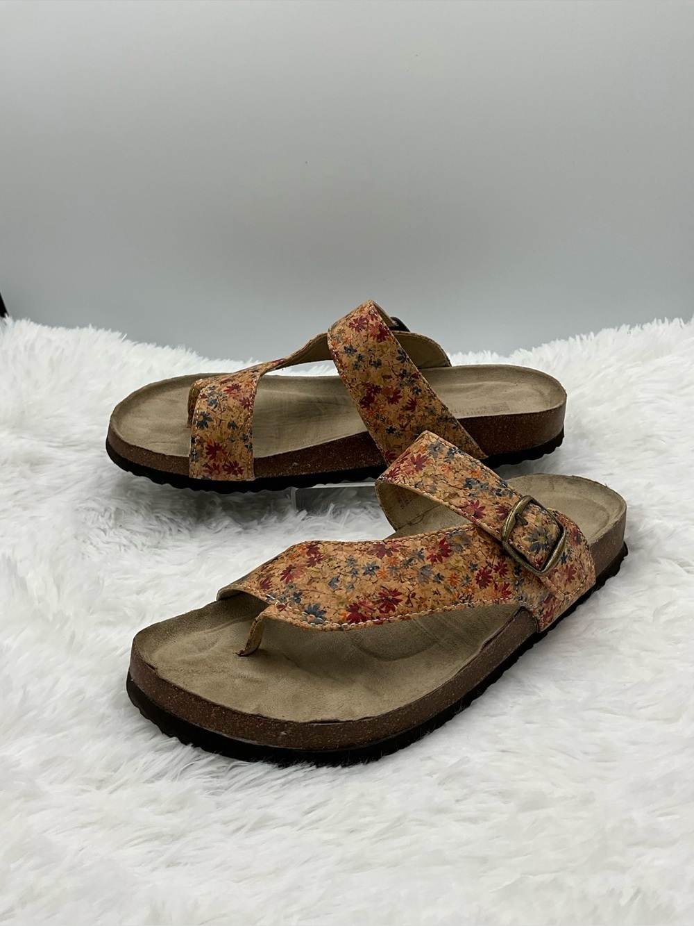 White Mountain Sandals Size 11 Floral Cork Footbed Thong Comfort Slides